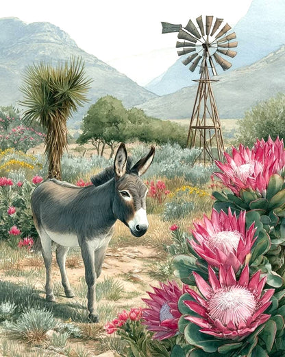 Donkey standing in a desert landscape with pink flowers and a windmill.