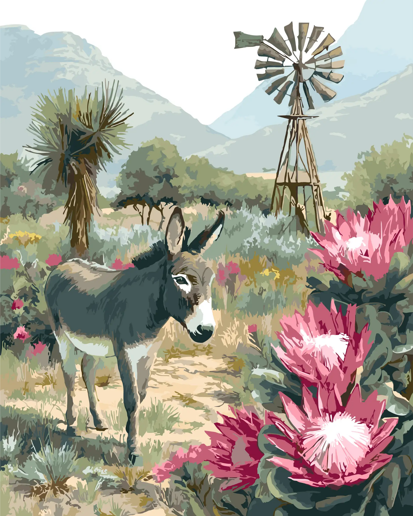 Donkey in a scenic landscape with flowers and a windmill