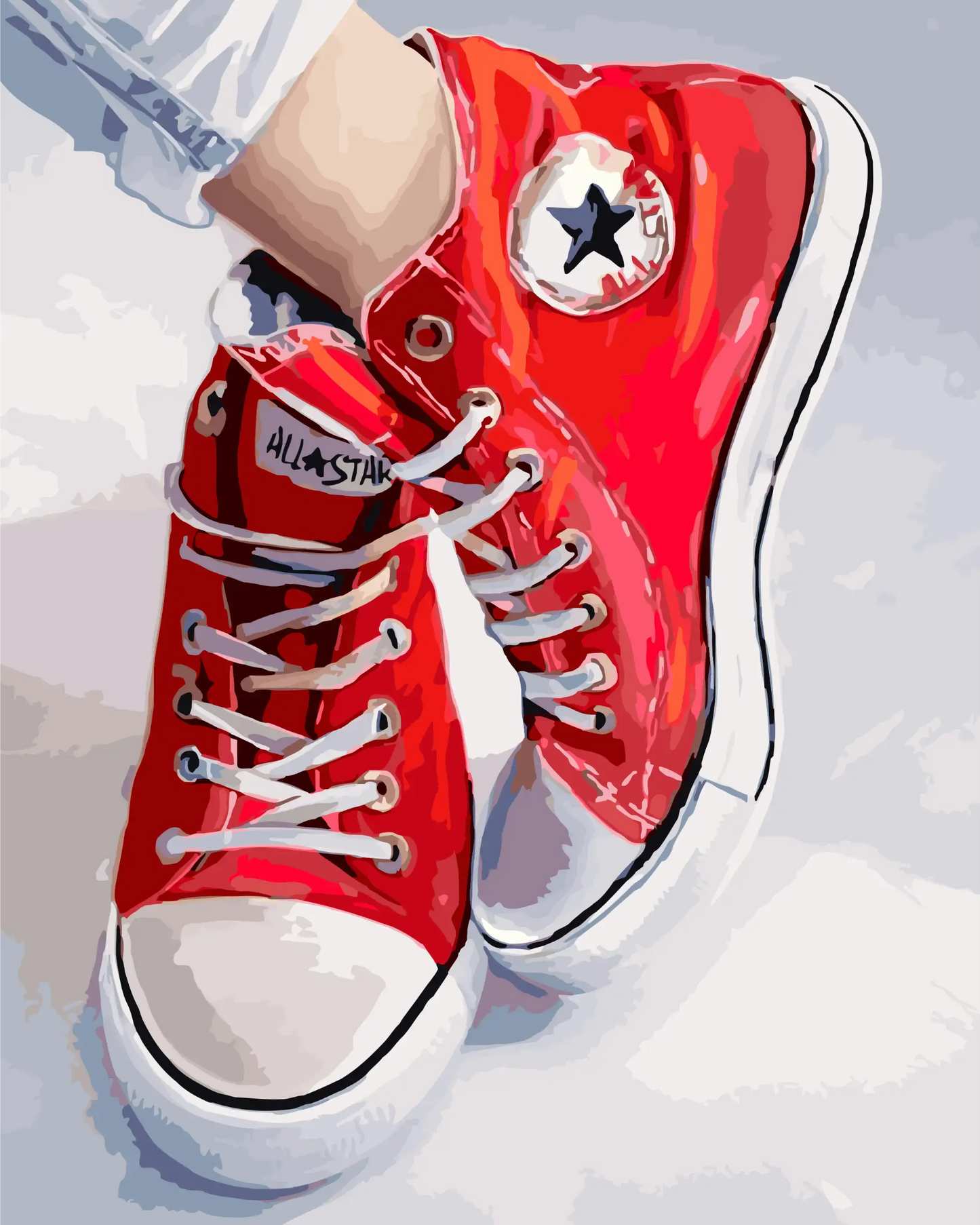 Red high-top sneakers with white laces on a light gray background