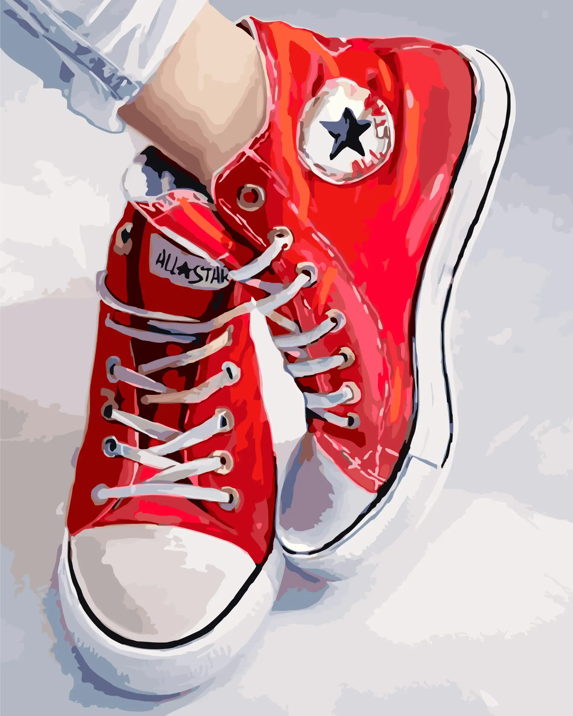 Red high-top sneakers with white laces on a light gray background