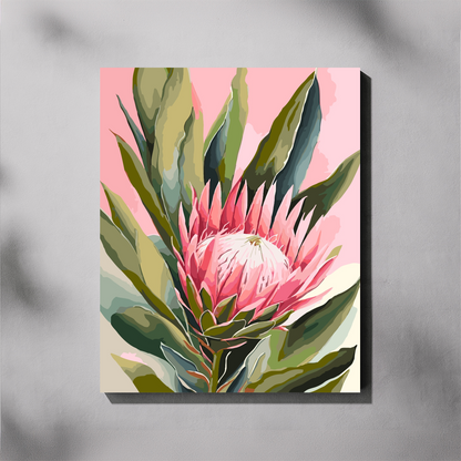 King Protea paint by number kit — completed canvas mockup of a King Protea close-up with pink petals and creamy white centre against a soft blush pink background