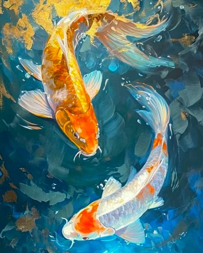 Two Koi fish swimming in water with a colorful background