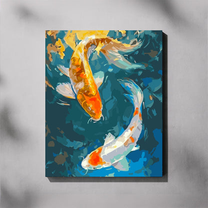 Canvas print of colorful koi fish swimming in water on a gray background