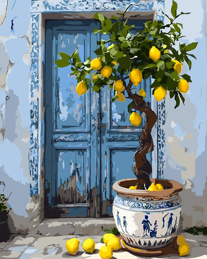Paint by number of a potted lemon tree with lemons in front of a blue door somewhere in the Mediterranean 