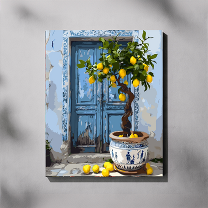 Paint by number design of a potted lemon tree with lemons in front of a blue door on a canvas print.