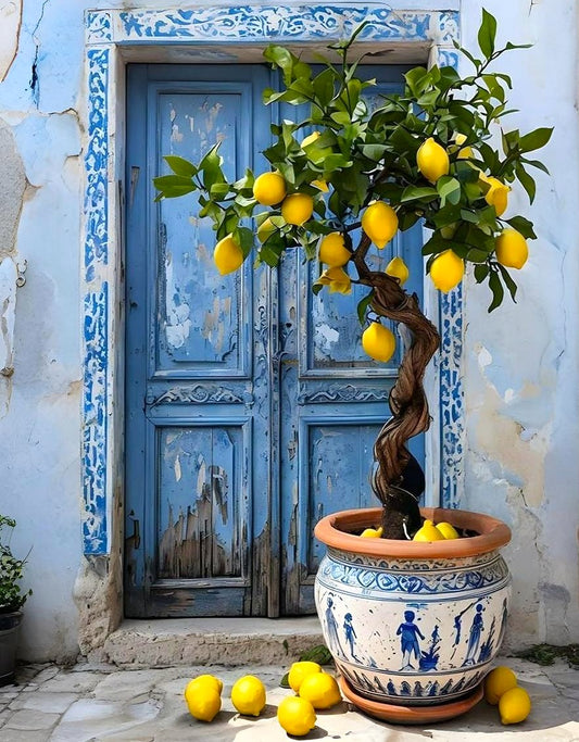 Potted lemon tree with lemons in front of a blue door with decorative white trim.