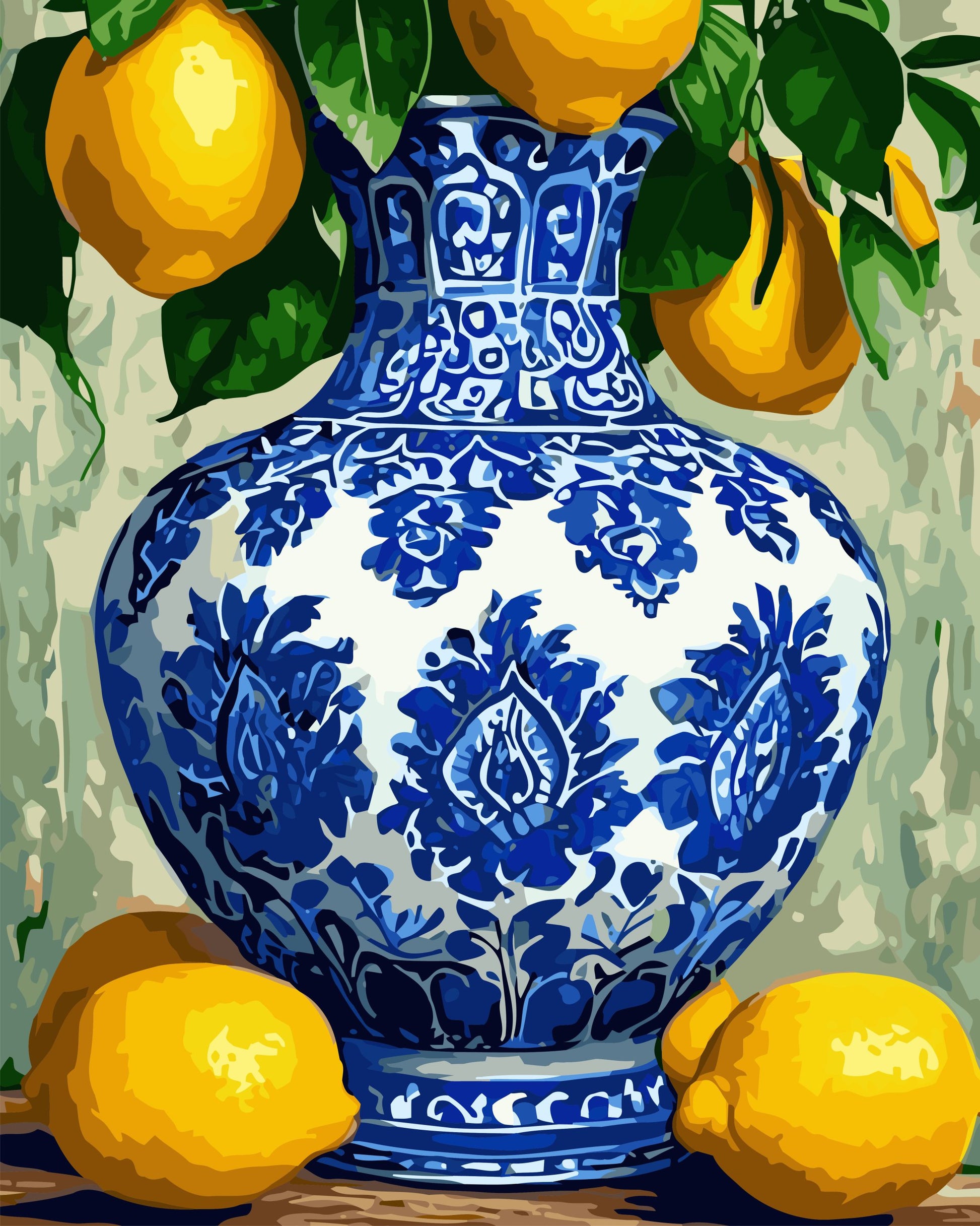 Blue and white floral-patterned vase with lemons and green leaves on a textured background