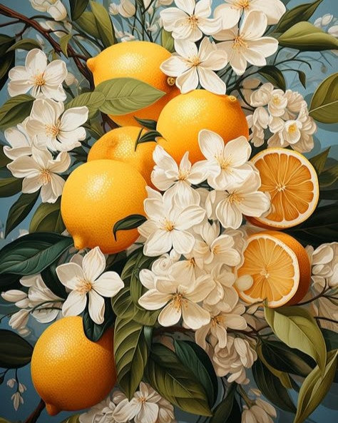 Oranges and white flowers on a branch with a blue background