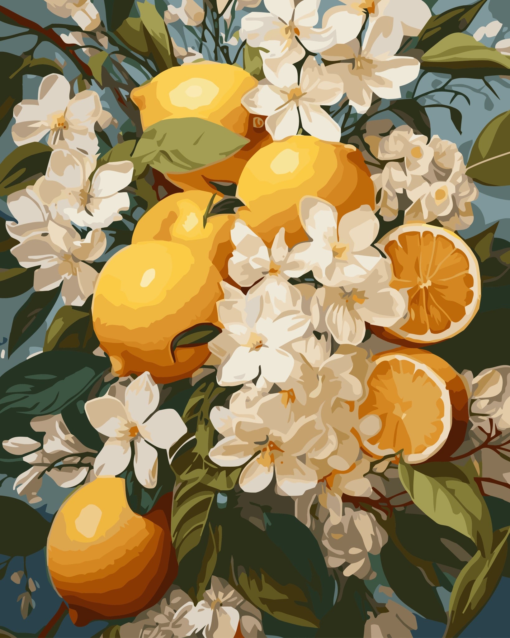 Illustration of lemons, oranges, and white flowers on a dark background