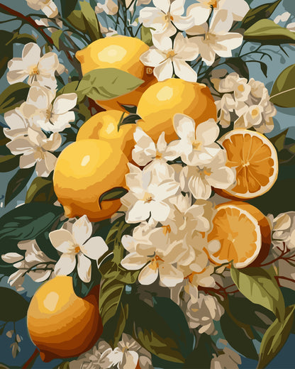 Illustration of lemons, oranges, and white flowers on a dark background