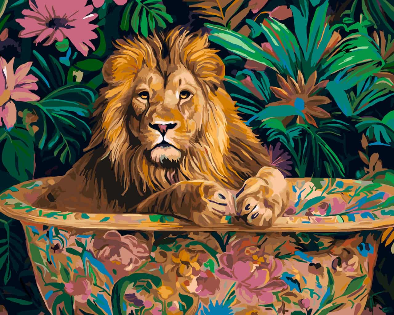 A paint by number of a lion resting inside a large, ornate floral bathtub, surrounded by dense tropical foliage with pink flowers.