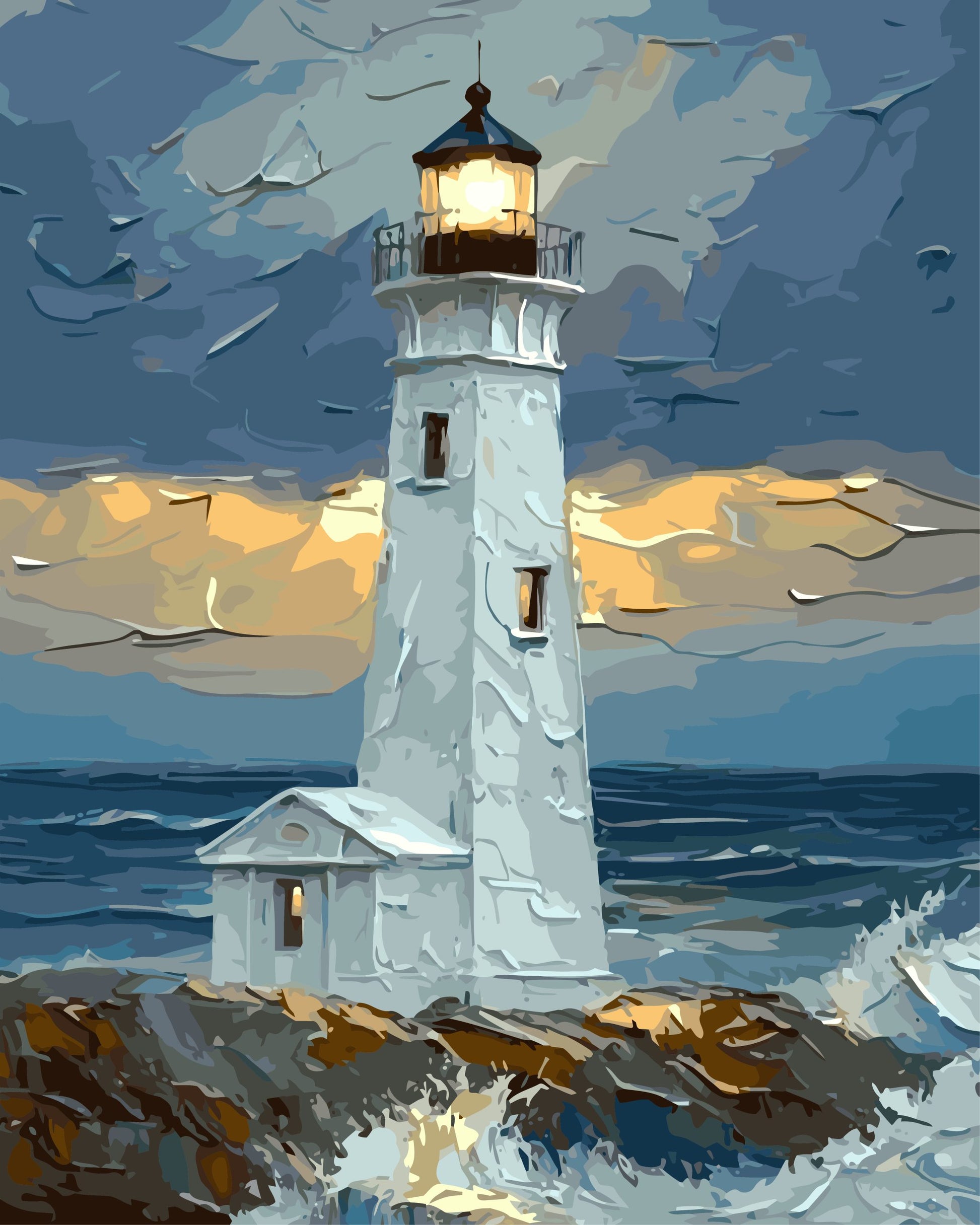 Lighthouse on a rocky shore with a dramatic sky