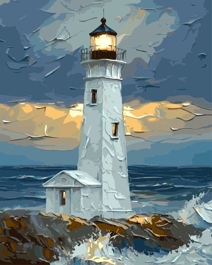 Lighthouse on a rocky shore with a dramatic sky