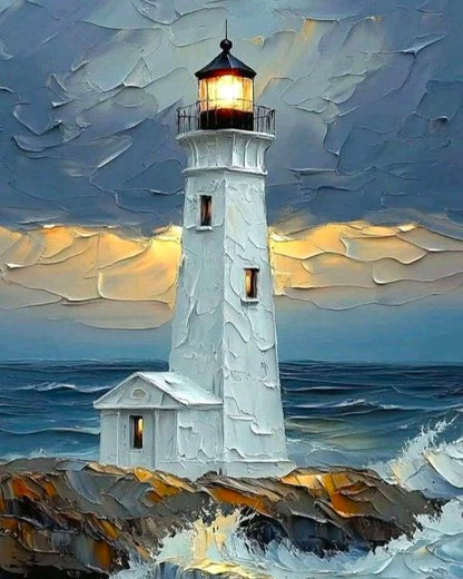 Painting of a lighthouse on a rocky outcrop with a dramatic sky.