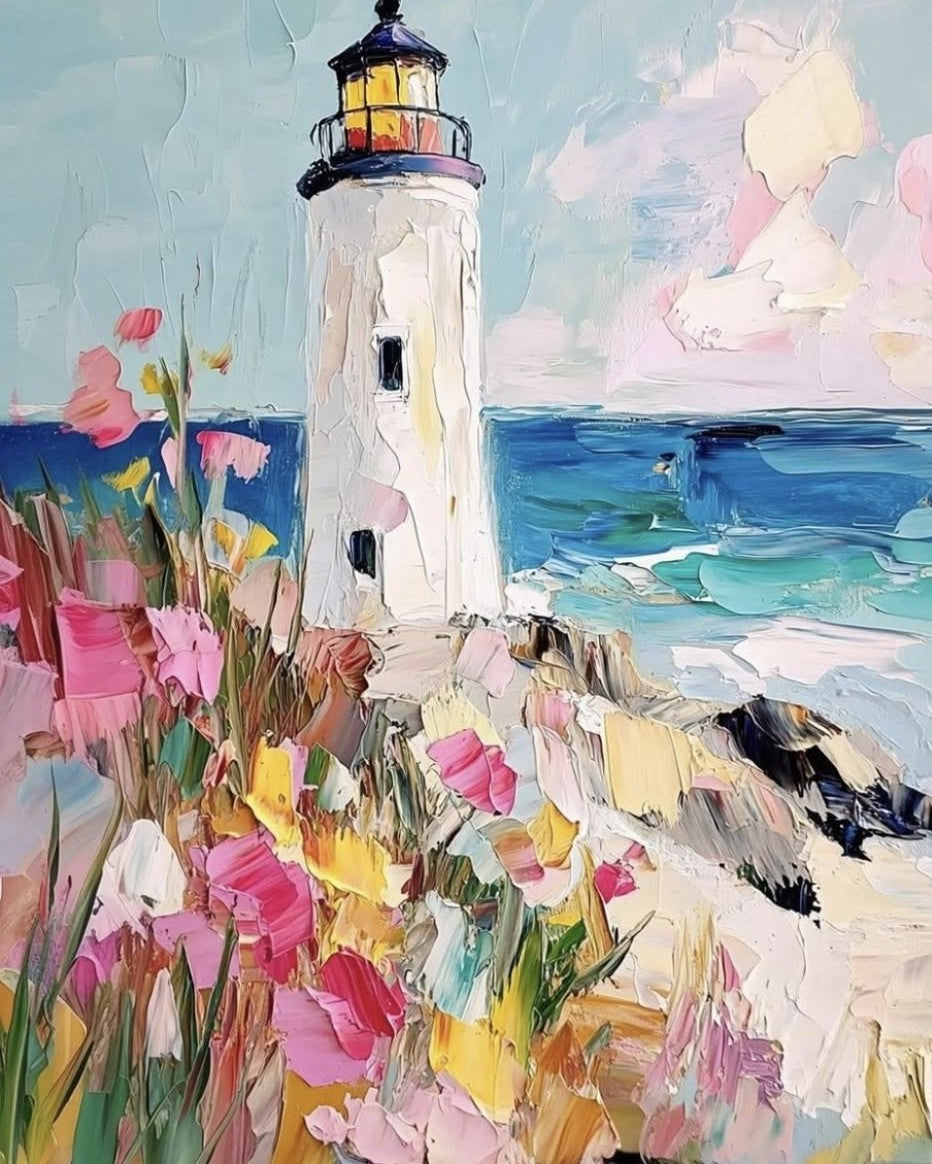 Impressionistic oil painting of a white lighthouse on a rocky seaside cliff, with blue ocean water, pink and yellow flowers in the foreground, and a pale sky with soft clouds.