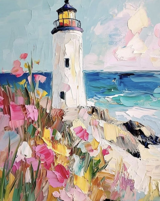 Impressionistic oil painting of a white lighthouse on a rocky seaside cliff, with blue ocean water, pink and yellow flowers in the foreground, and a pale sky with soft clouds.