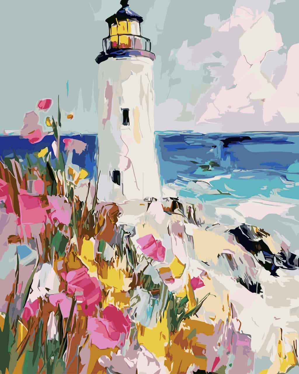 Impressionistic paint by number of a white lighthouse on a rocky seaside cliff, with blue ocean water, pale sky, and pink, yellow, and green flowers in the foreground.