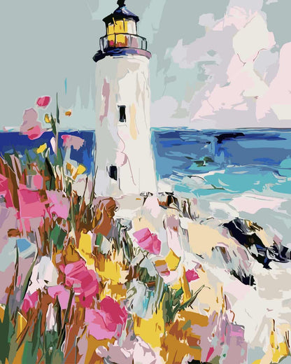 Impressionistic paint by number of a white lighthouse on a rocky seaside cliff, with blue ocean water, pale sky, and pink, yellow, and green flowers in the foreground.