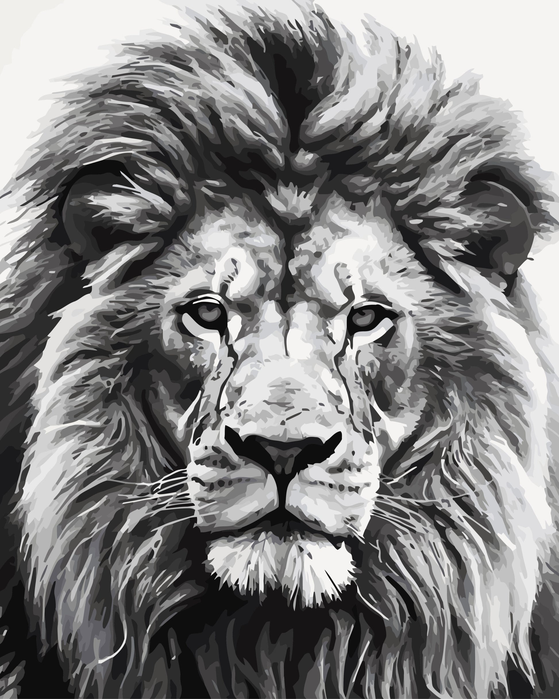 Black and white illustration of a lion's face