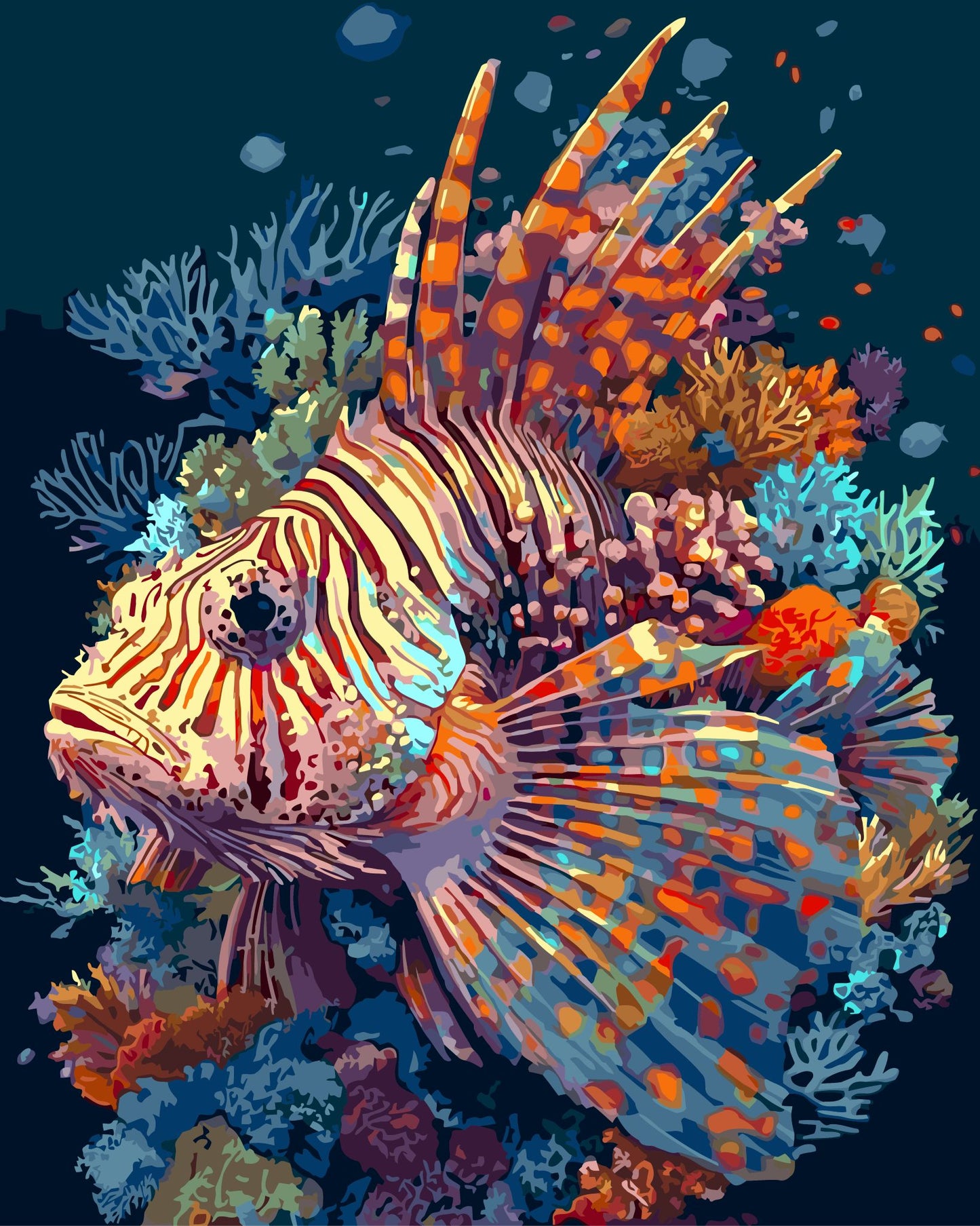 Paint by number effect of a Colourful lionfish on a coral reef with a dark blue background