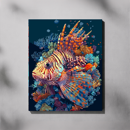 Paint by number of Colorful lionfish painting on a dark blue background block mounted