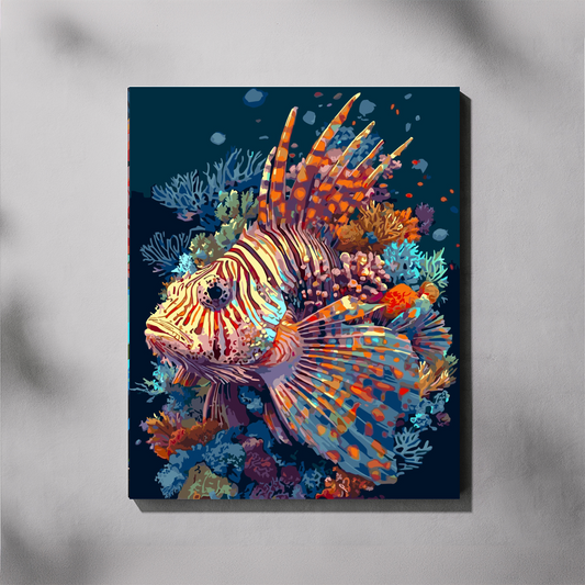 Paint by number of Colorful lionfish painting on a dark blue background block mounted