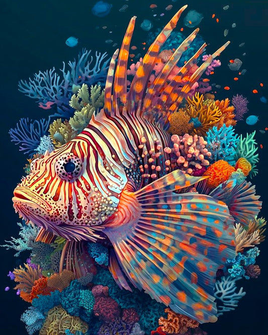 Colorful lionfish surrounded by coral and marine life on a dark blue background