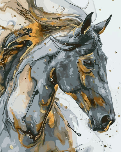 Artistic depiction of a stallion with gold and black accents on a white background