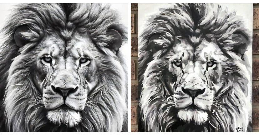 Two black and white illustrations of a lion's face side by side.