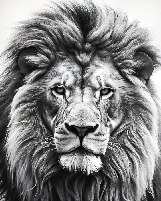 Black and white illustration of a lion's face