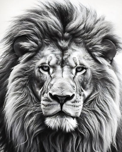 Black and white illustration of a lion's face