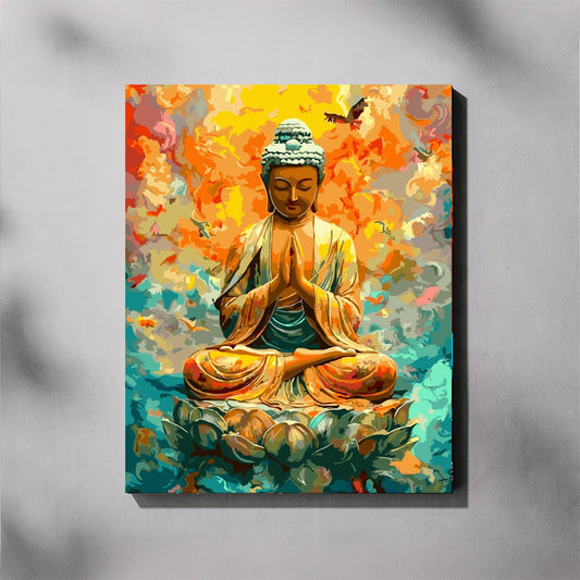 Colorful painting of a meditating Buddha figure on a abstract background