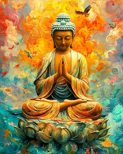 Colorful depiction of a meditating Buddha figure with a vibrant background