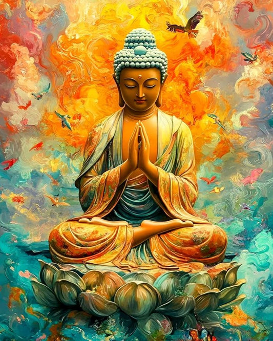 Colorful depiction of a meditating Buddha figure with a vibrant background