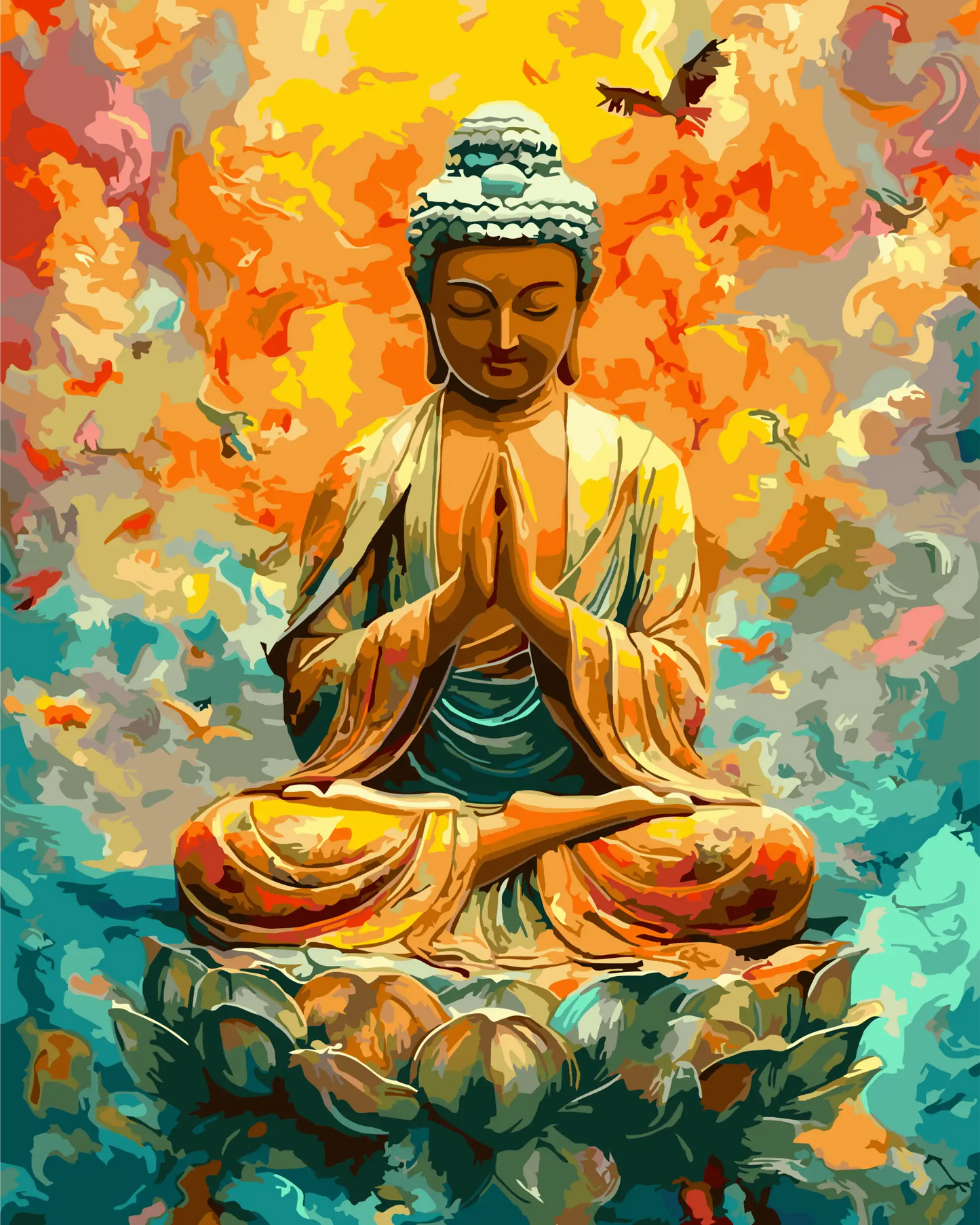 Colorful depiction of a meditating Buddha figure with a vibrant background