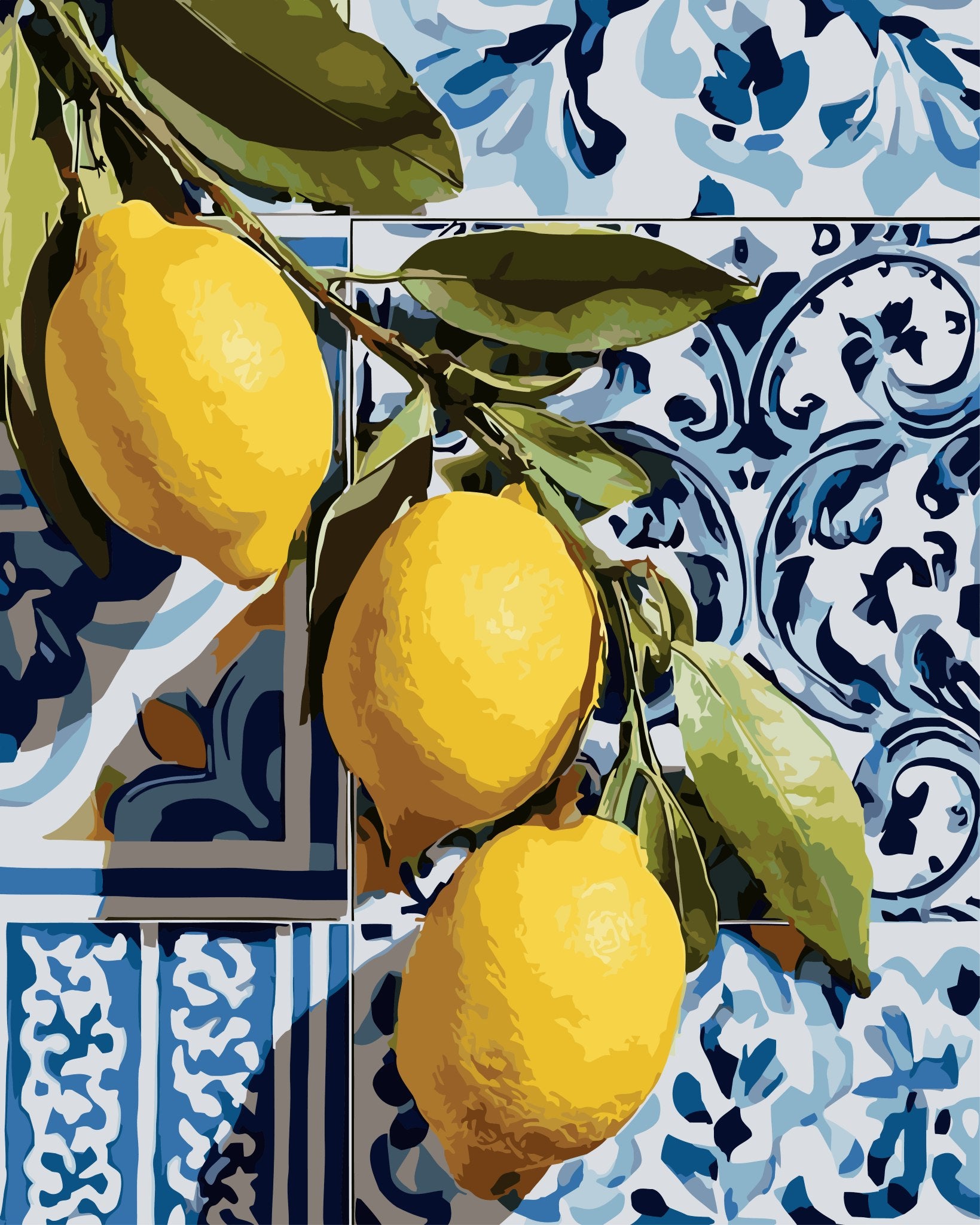 Mediterranean Lemons paint by number kit — painterly effect of yellow lemons and green leaves against decorative blue and white Portuguese tiles
