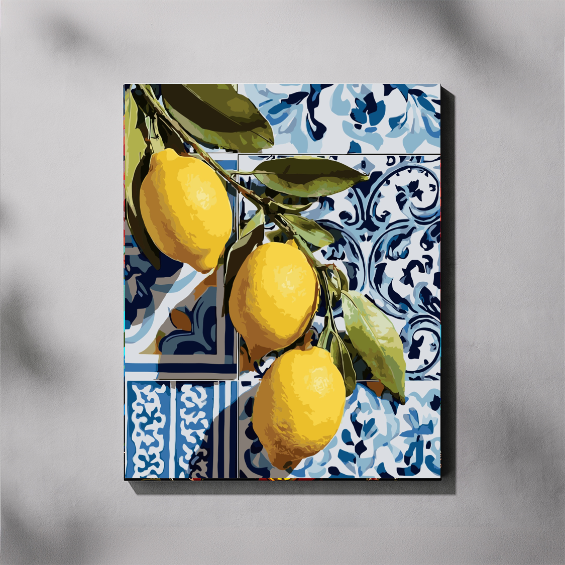 Mediterranean Lemons paint by number kit — completed canvas mockup of bright yellow lemons on a branch against bold blue and white Portuguese tile patterns
