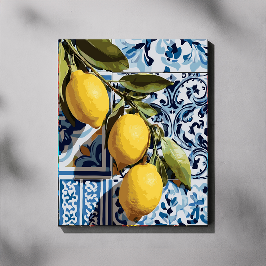 Mediterranean Lemons paint by number kit — completed canvas mockup of bright yellow lemons on a branch against bold blue and white Portuguese tile patterns
