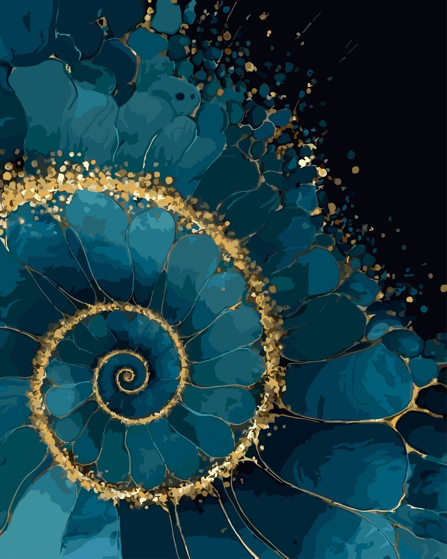 Midnight Blue Spiral 1 paint by number kit — artistic effect of a nautilus spiral in deep teal, warm gold and black tones
