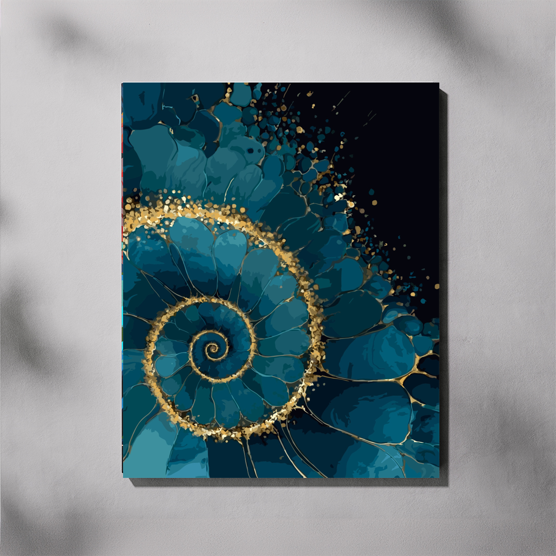 Midnight Blue Spiral 1 paint by number kit — completed canvas mockup of a nautilus spiral in deep teal and gold with fine gold outlines and gold dust scattered against a black background
