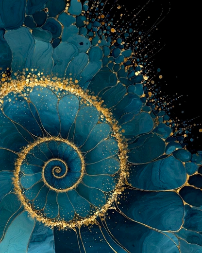Spiral design with blue and gold colors on a black background