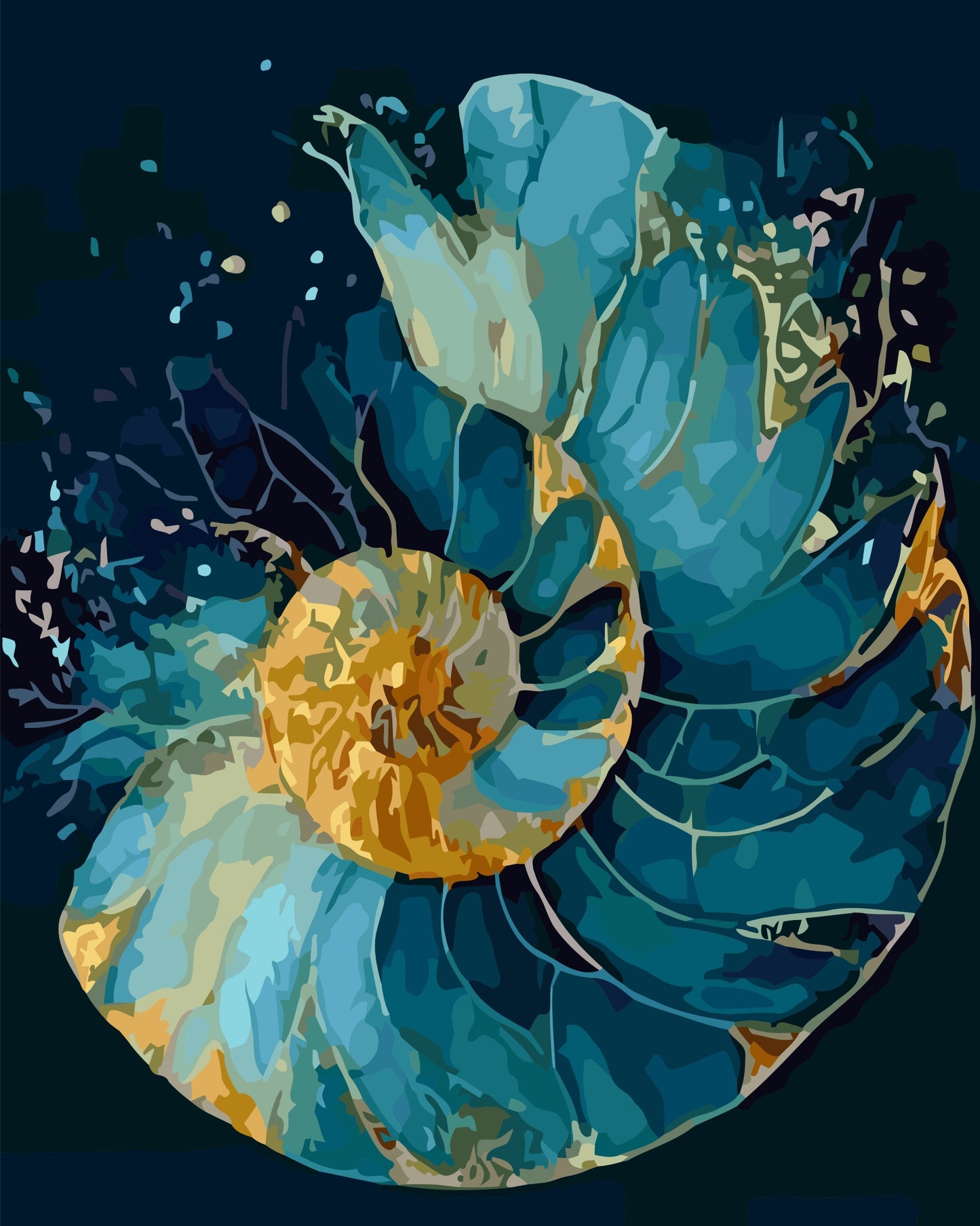 Midnight Blue Spiral 2 paint by number kit — artistic effect of an open nautilus spiral in vivid teal, warm gold and deep navy tones
