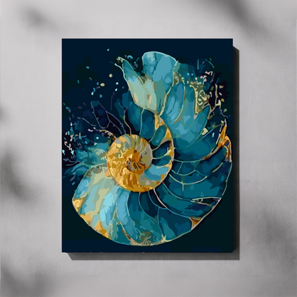 Midnight Blue Spiral 2 paint by number kit — completed canvas mockup of an open nautilus spiral in vivid teal with a glowing gold centre and fine gold outlines against a deep navy background

