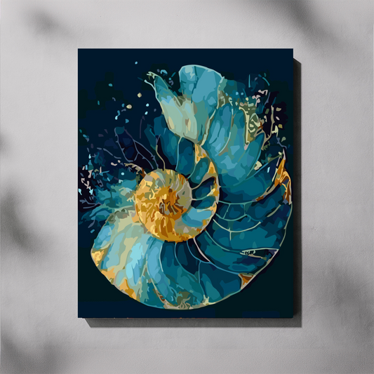 Midnight Blue Spiral 2 paint by number kit — completed canvas mockup of an open nautilus spiral in vivid teal with a glowing gold centre and fine gold outlines against a deep navy background
