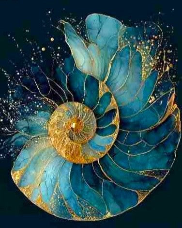 Decorative blue and gold shell with a spiral pattern on a dark background