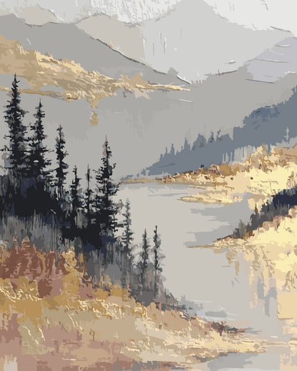 Paint by number of a Misty pine forest and mountain lake landscape with dark green pines, muted blue-grey mountains and warm gold tones in the foreground