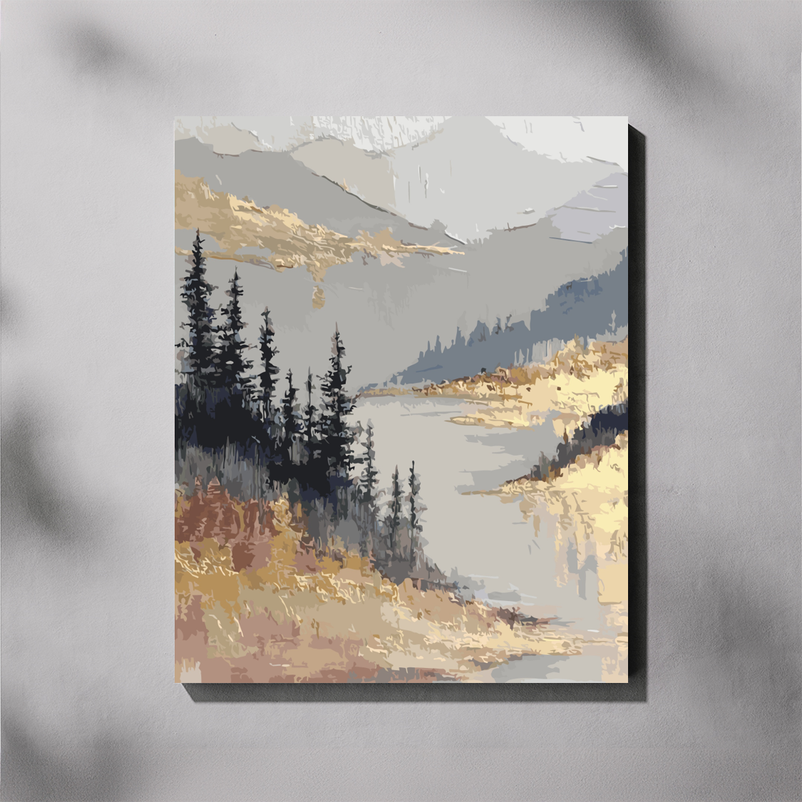 Canvas print of a mountain landscape with trees and a lake.
