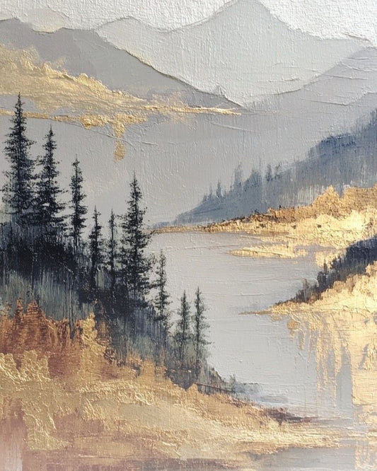 Painting of a mountain landscape with trees and a lake.