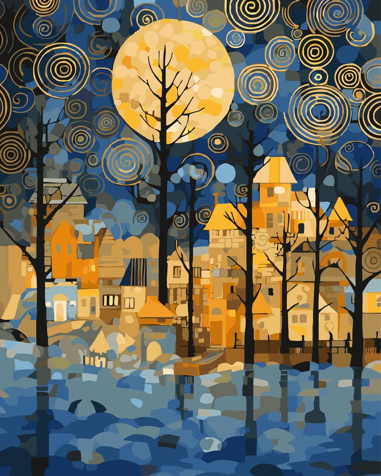 Moonlit Town paint by number kit — artistic effect of a moonlit village scene in deep midnight blue, warm gold and icy blue-white with swirling gold spiral sky
