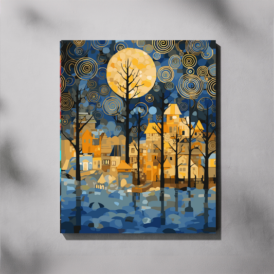 Moonlit Town paint by number kit — completed canvas mockup of a moonlit winter village with a giant golden full moon, swirling gold spirals in a midnight blue sky